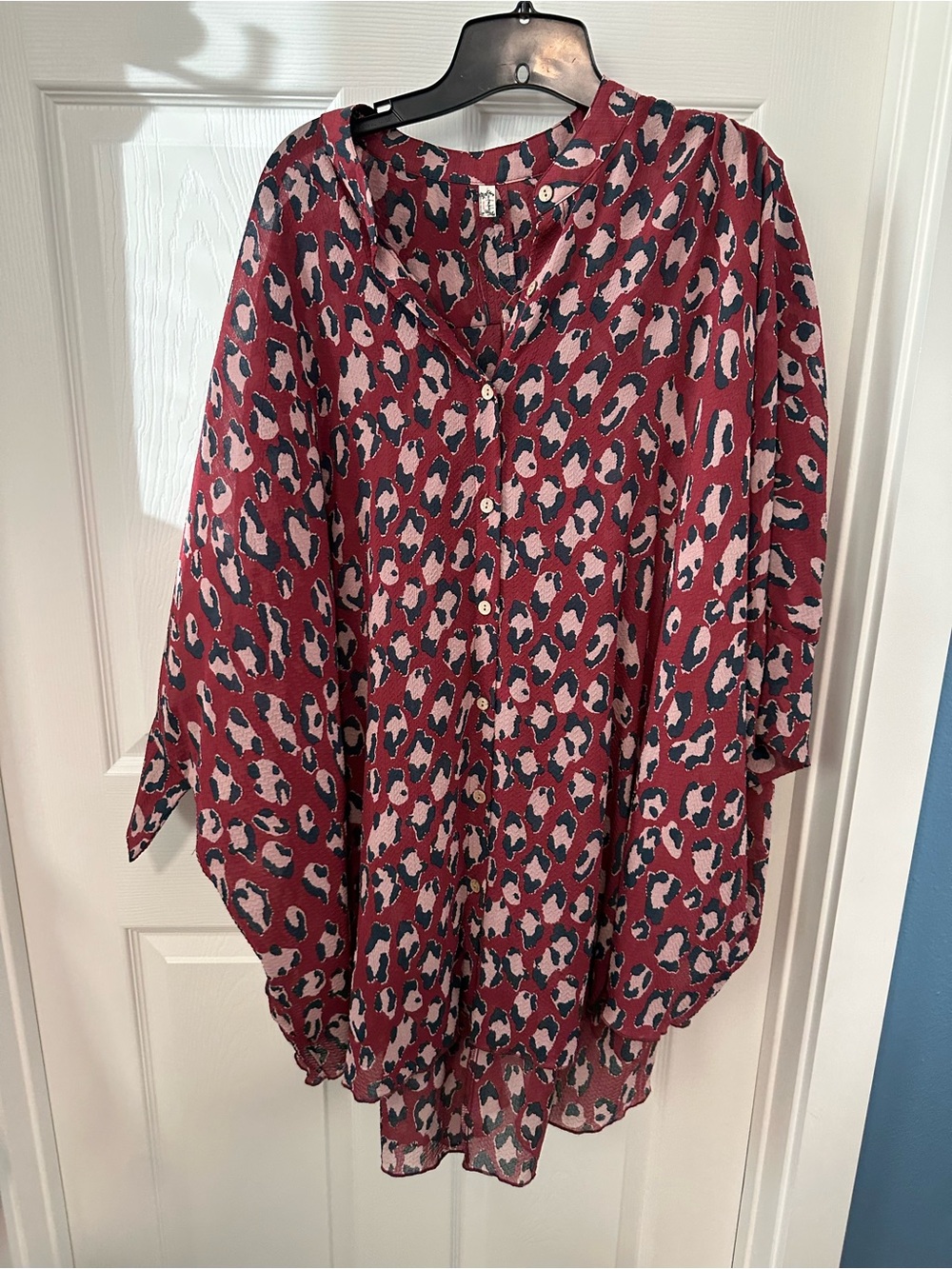 Free People Burgundy Pink and Black Leopard-Print Button Front Top